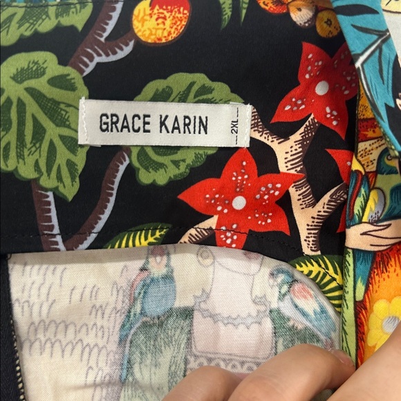 Grace Karin Black multi Printed art pencil Dress Frida Retro 50's Tropical 2XL - Picture 2 of 7